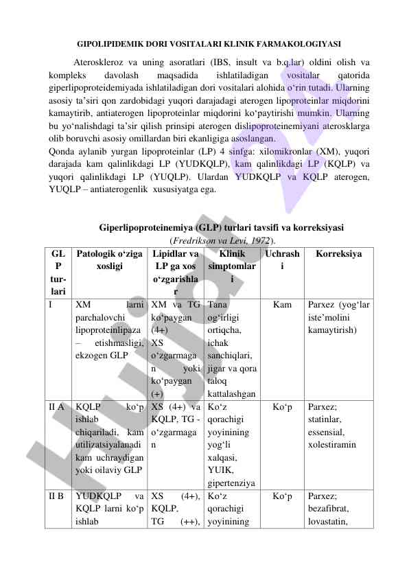 Gipolipidemik dori vositalari klinika farmakologiyasi