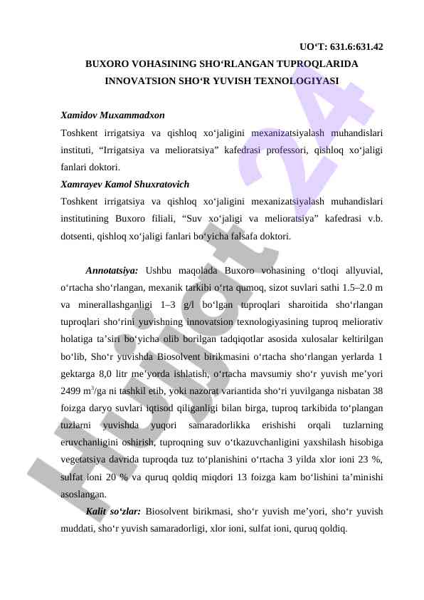 Innovatsion sho‘r yuvish texnologiyasi buxoroda