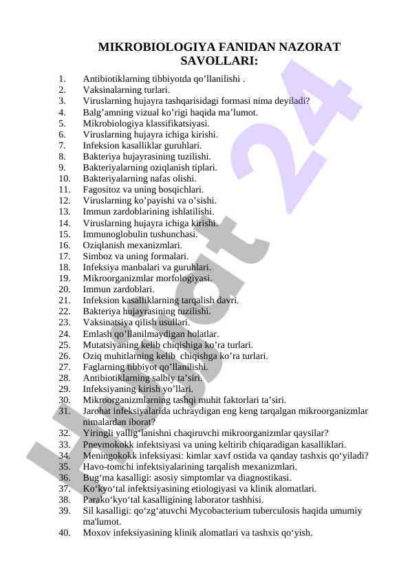 Mikrobiologiya fanidan nazorat savollari