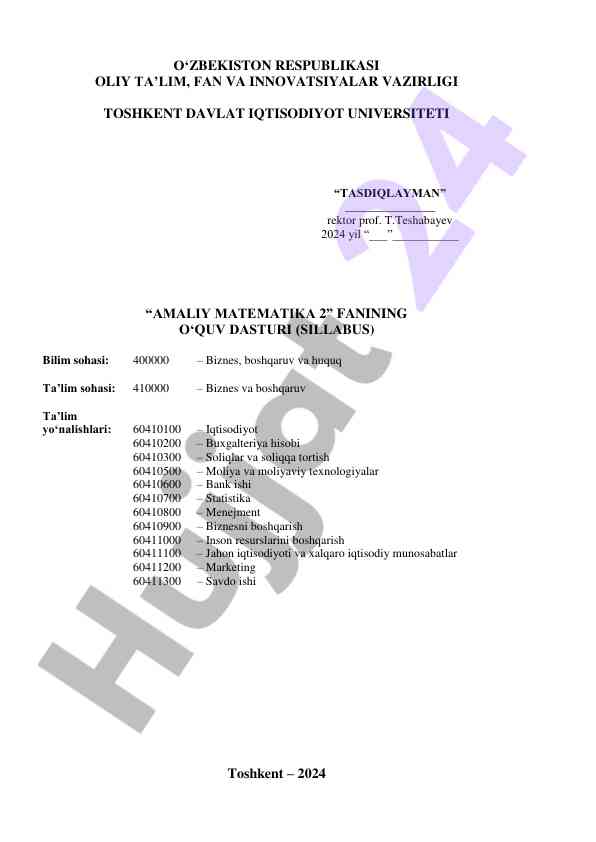 Amaliy matematika 2 o'quv dasturi sillabus