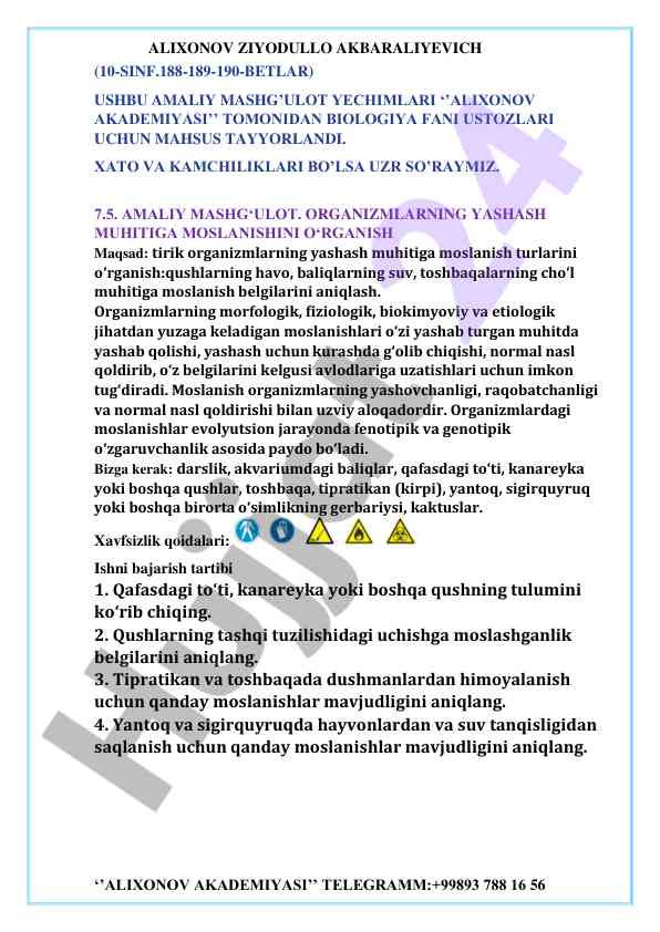 Organizmlarning yashash muhitiga moslanishi o‘rganish