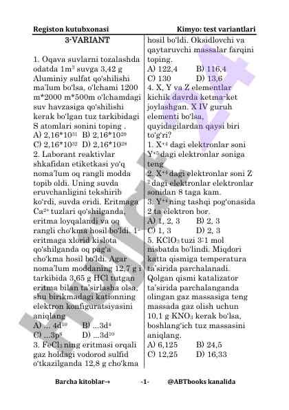 Kimyo test variantlari javoblari va masalalar
