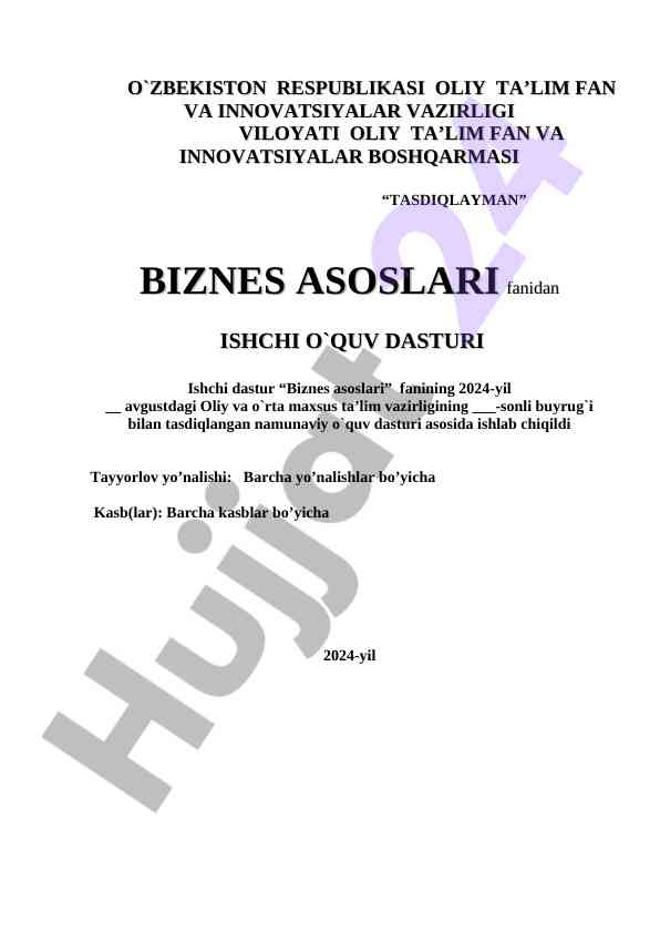 Ishchi o‘quv dasturi biznes asoslari fanidan