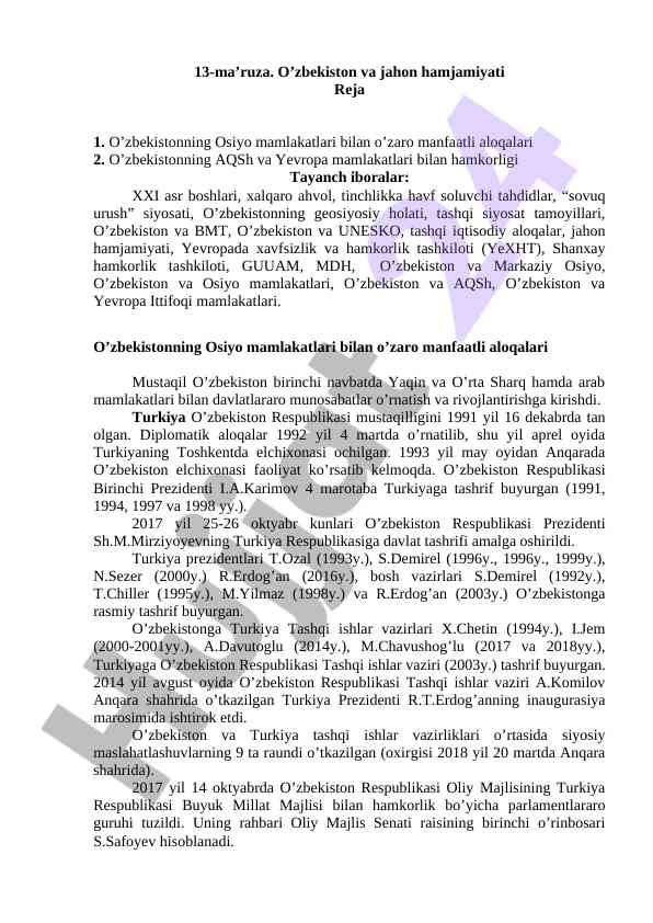O‘zbekistonning osiyo mamlakatlari bilan aloqalari
