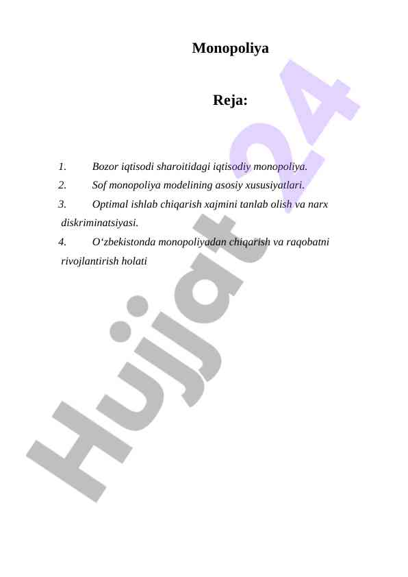 Monopoliya reja va iqtisodiy tahlil asoslari