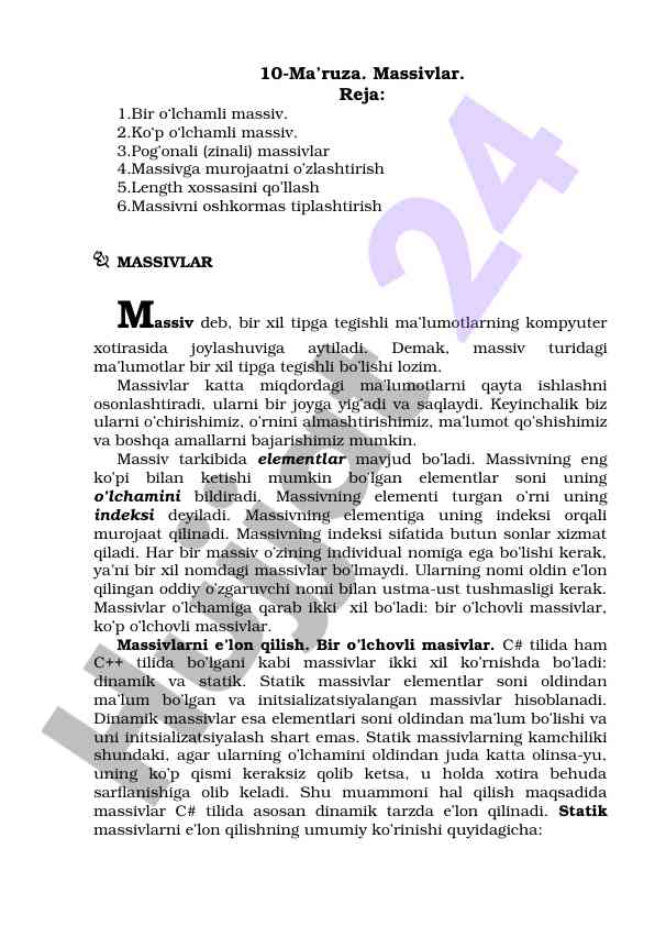 Massivlar: bir o‘lchamli va ko‘p o‘lchamli tushunchalar