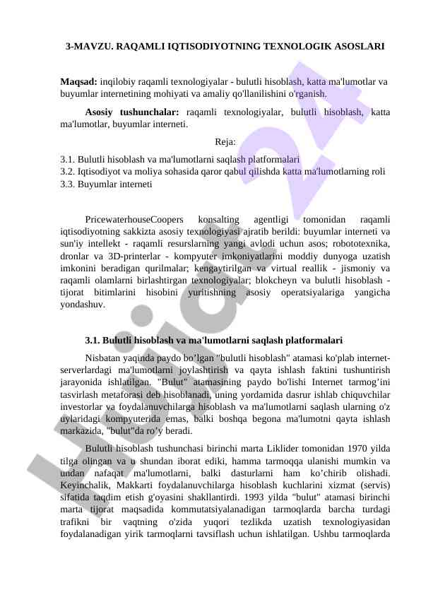 Raqamli Iqtisodiyotning Texnologik Asoslari