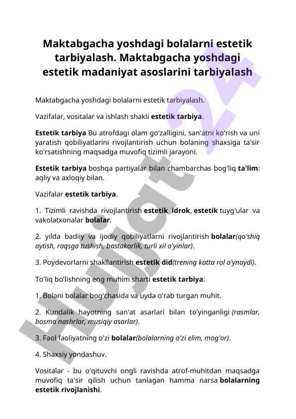 Maktabgacha Yoshdagi Bolalarni Estetik Tarbiyalash