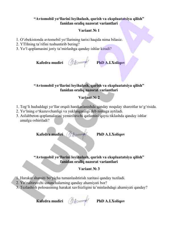 Avtomobil yo‘llarini loyihalash va ekspluatatsiya