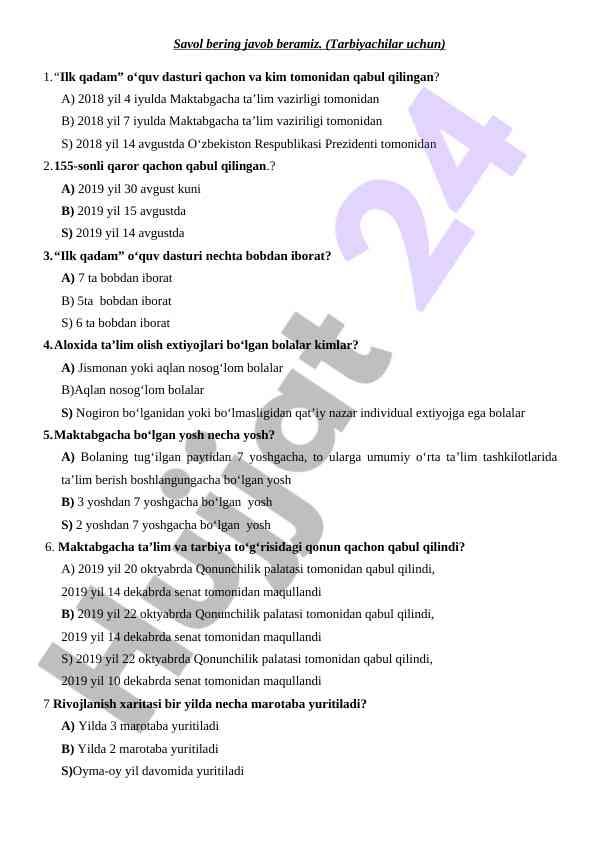 Maktabgacha ta’lim testlari savollari va javoblari