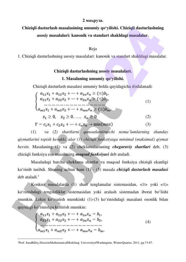 Chiziqli dasturlash masalasining umumiy qo'yilishi