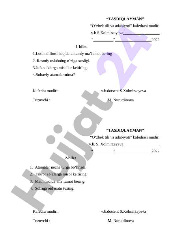 O‘zbek tili va adabiyoti kursi bilet savollari