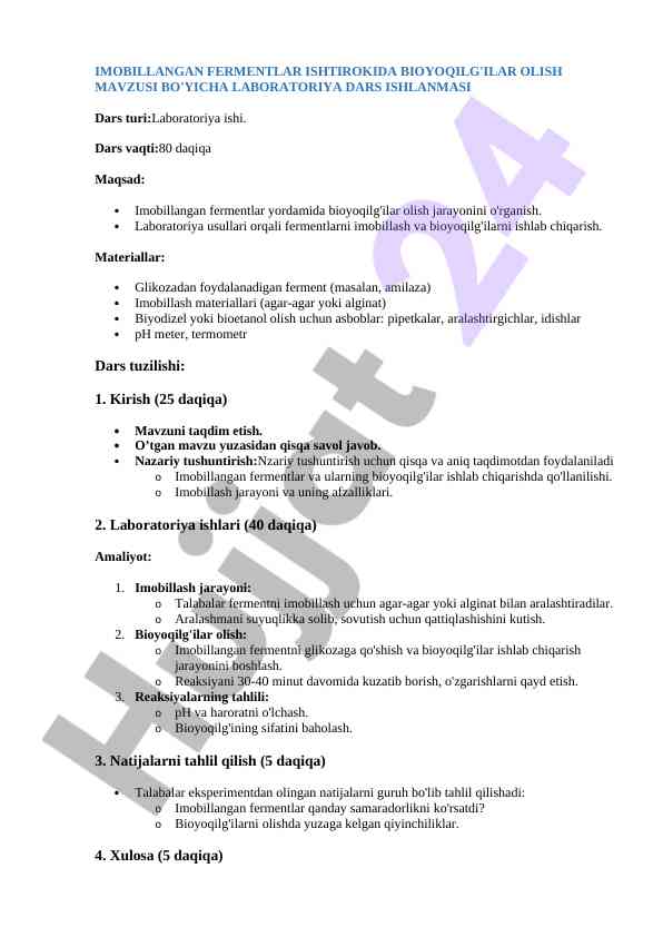 Imobillangan fermentlar yordamida bioyoqilg'ilar olish