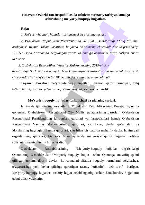 O‘zbekiston respublikasi ma’naviy tarbiyani amalga oshirishi