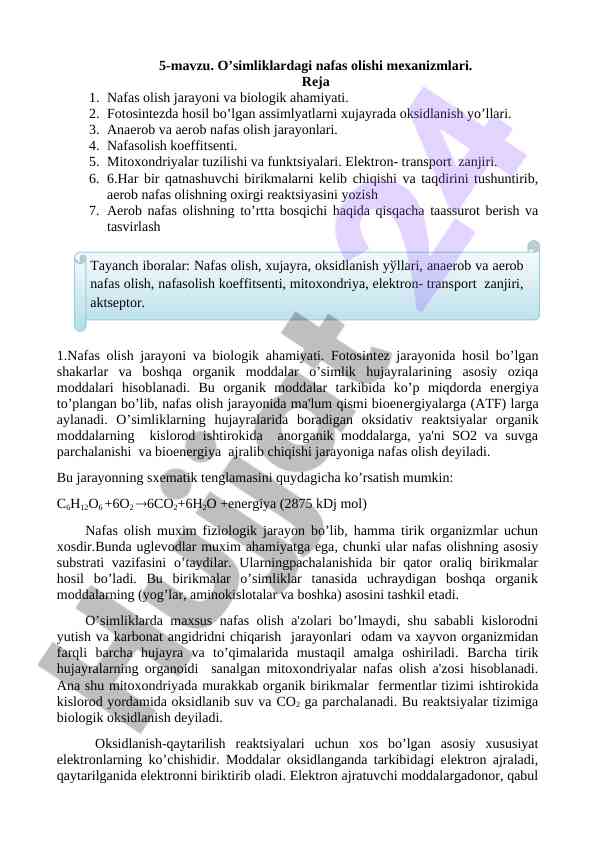O’simliklardagi nafas olishi mexanizmlari