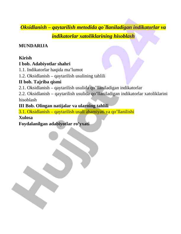 Oksidlanish – Qaytarilish Metodidagi Indikatorlar