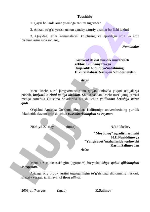 Ariza yozish tartibi va namunalari