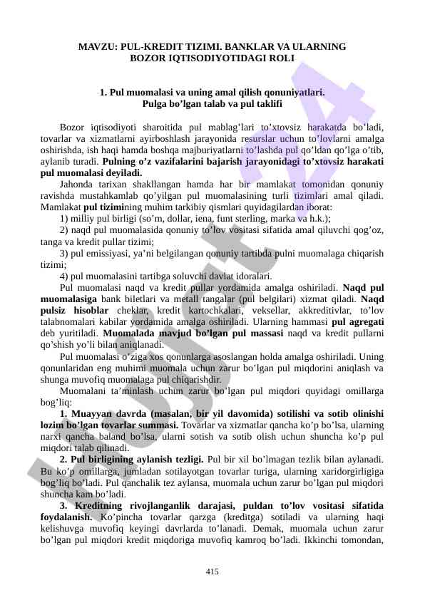 Pul-kredit tizimi va banklar iqtisodiyotdagi roli