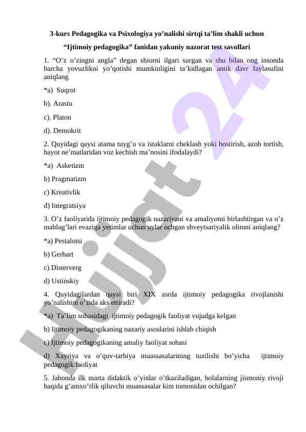 Ijtimoiy Pedagogika Fanidan Yakuniy Nazorat Testlari