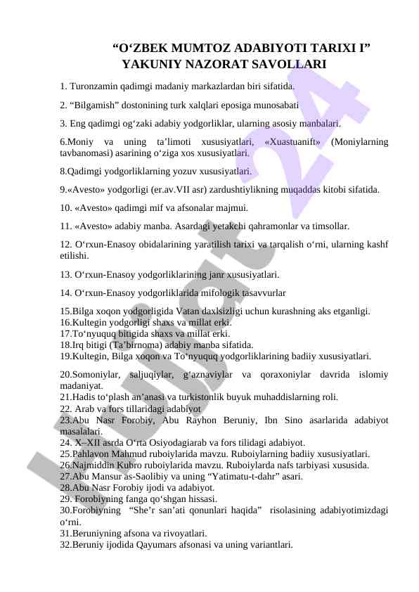 O‘zbek mumtoz adabiyoti tarixi nazorat savollari