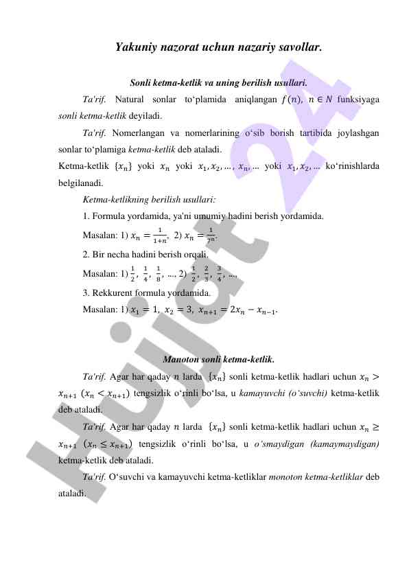 Sonli ketma-ketliklar haqida nazariy savollar