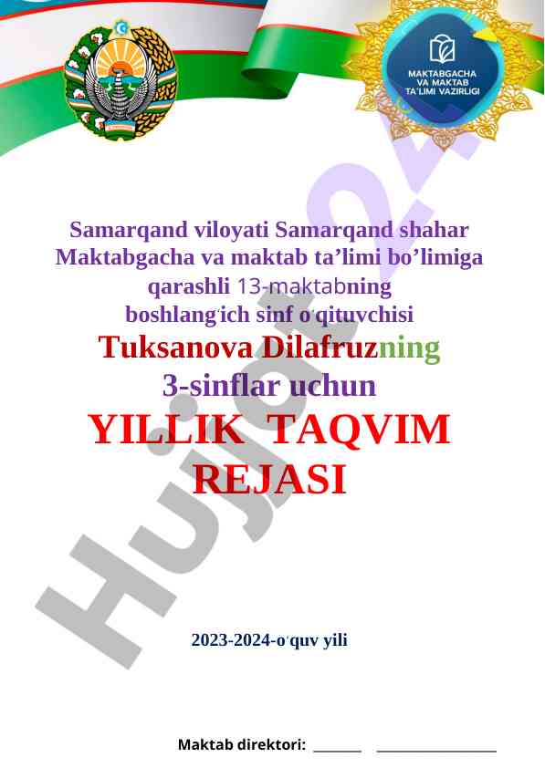 Yillik taqvim rejasi 2023-2024 o‘quv yili