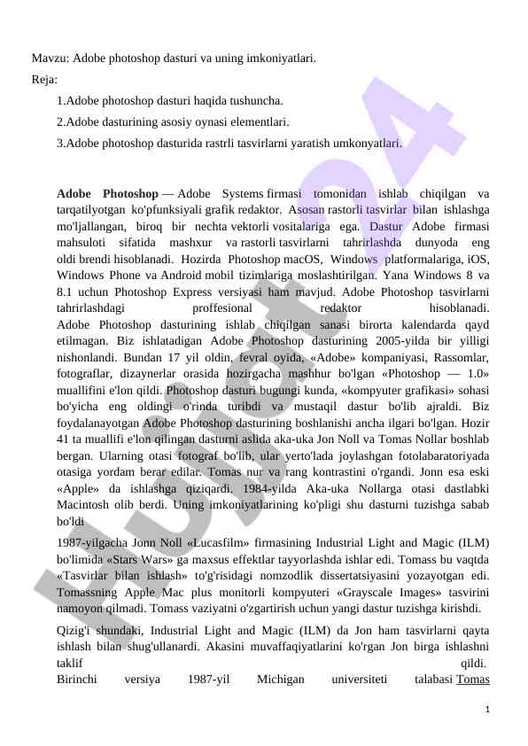 Adobe photoshop dasturi va uning imkoniyatlari
