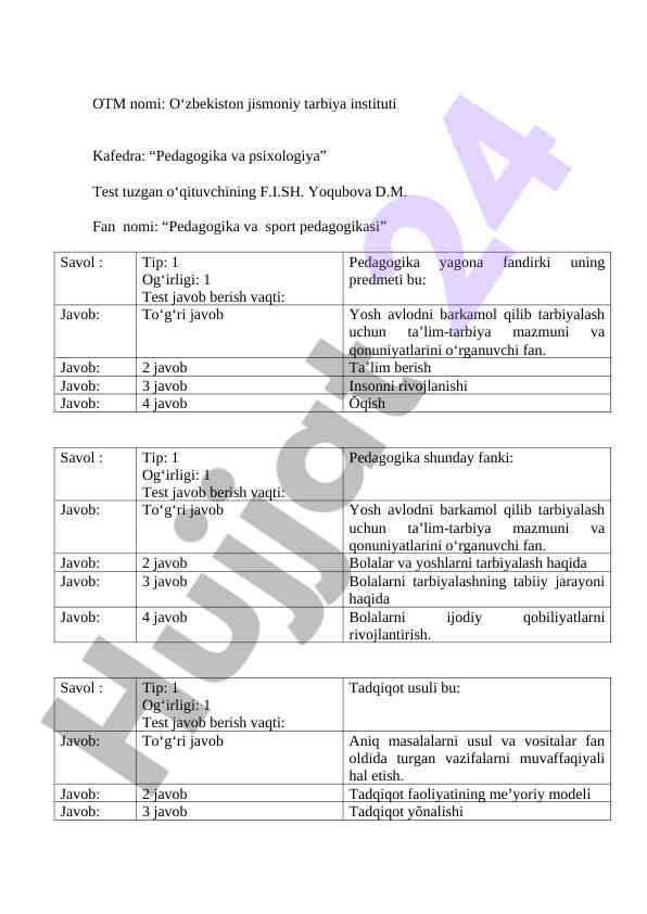 Pedagogika Va Sport Pedagogikasi Testi