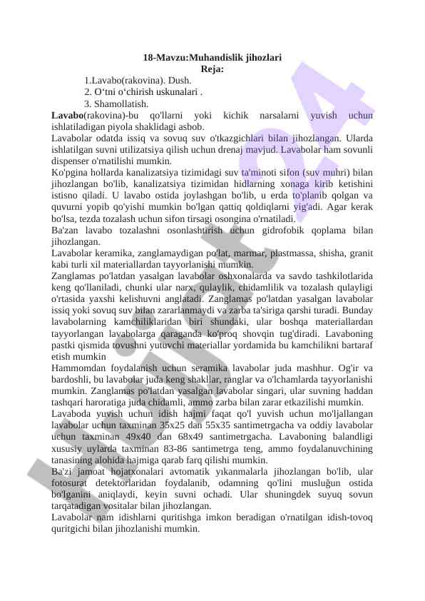 Muhandislik jihozlari: lavabo va uskunalar