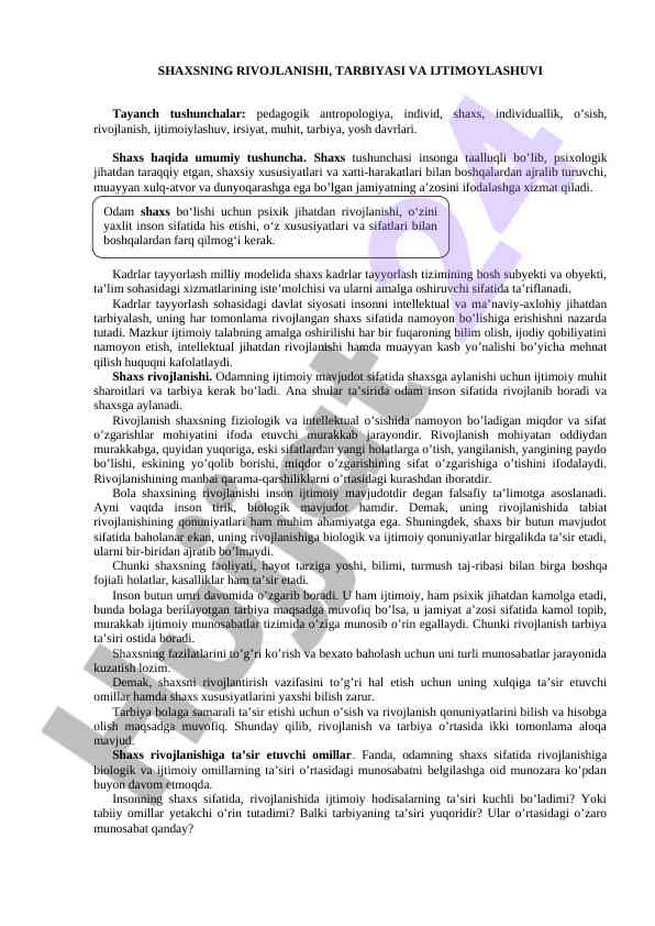 Shaxsning rivojlanishi va tarbiyasi