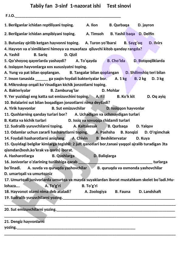 Tabiiy fan 3-sinf nazorat ishlari test sinovi