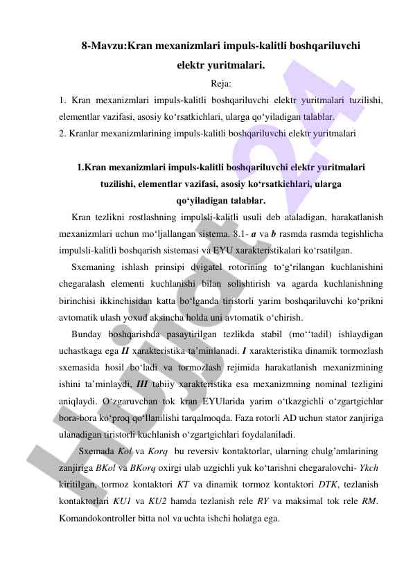 Kran mexanizmlari impuls-kalitli boshqaruvchi elektr yuritmalari