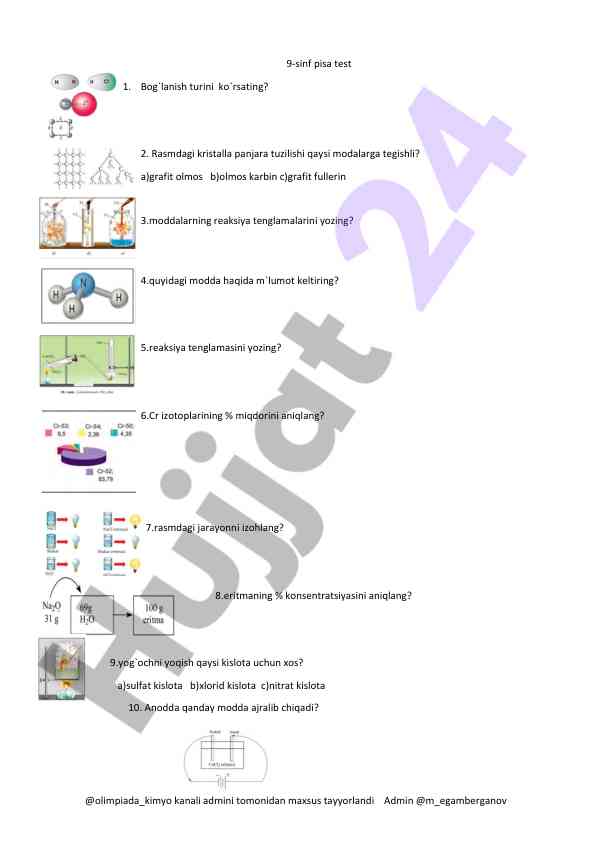 9-sinf kimyo pisa test savollari