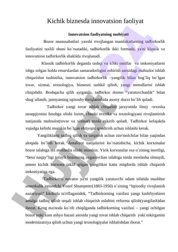 Kichik biznesda innovatsion faoliyat tahlili