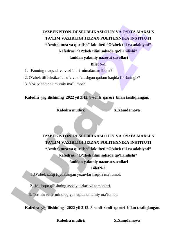 O‘zbek tilini sohada qo‘llanilishi nazorat savollari