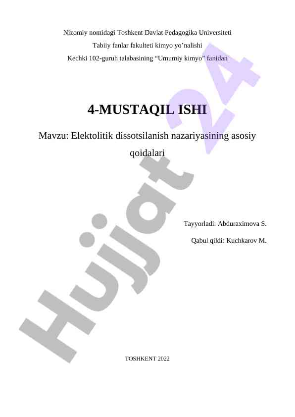 Umumiy kimyo fanidan elektolitik dissotsilanish