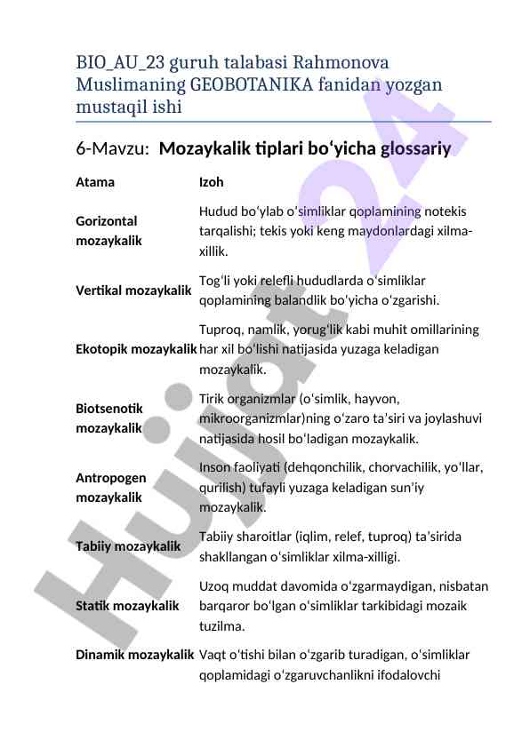 Mozaykalik tiplari bo‘yicha glossariy