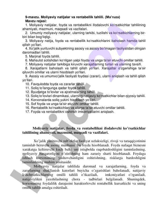 Moliyaviy natijalar va rentabellik tahlili