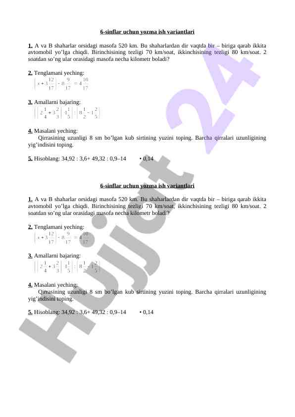 6-sinflar uchun yozma ish variantlari