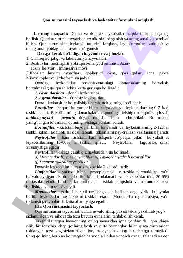 Qon surtmasi tayyorlash va leykotsitar formulasini aniqlash