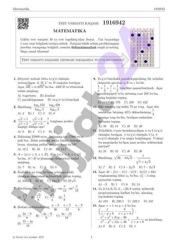 Matematika test variantlari sharhlari va natijalari