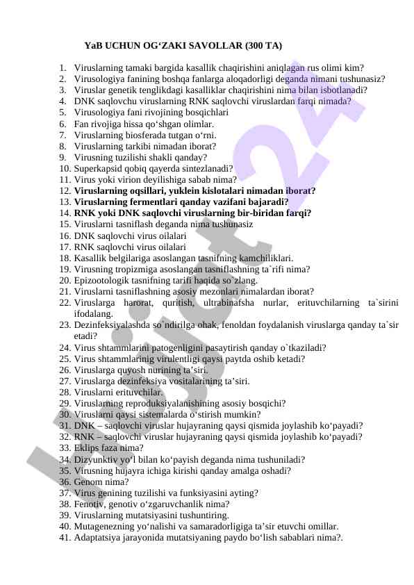 Virusologiya faniga doir savollar