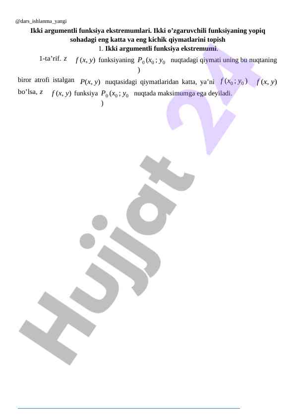 Ikki argumentli funksiya ekstremumlari tahlili