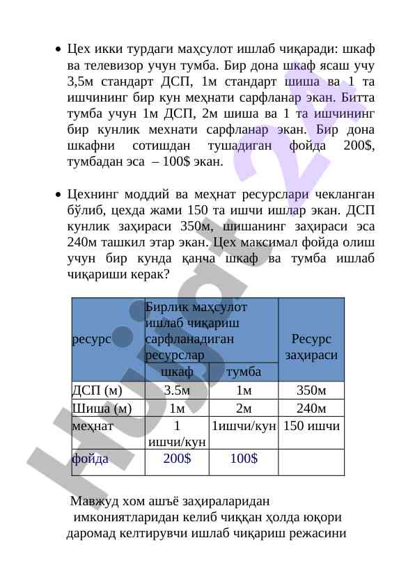 Ishlab chiqarish rejasi va matematik model