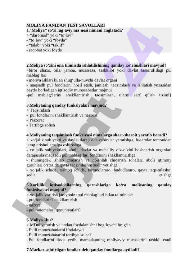 Moliya fanidan test savollari