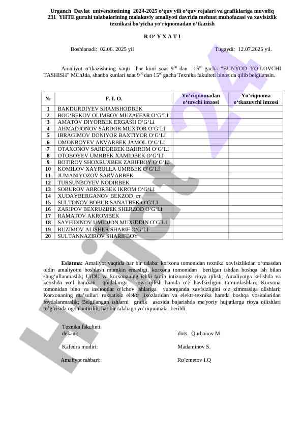 Malakaviy amaliyot rejasi 2024-2025 o‘quv yilida