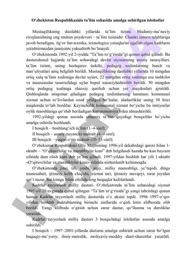 Ta'lim islohotlari va tizimi o'zbekistonda