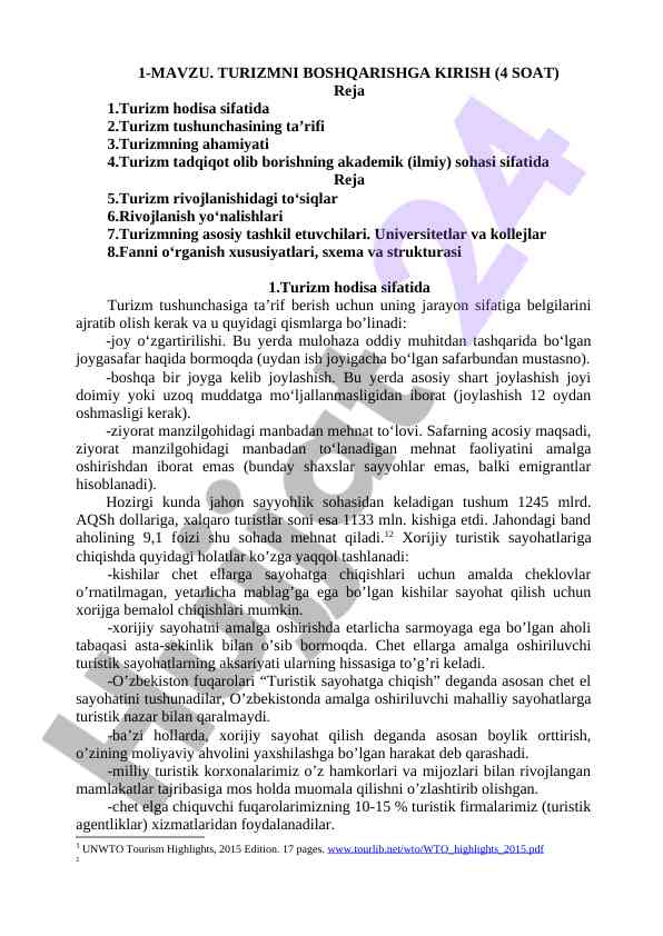 Turizmni boshqarish fannining asosiy tushunchalari