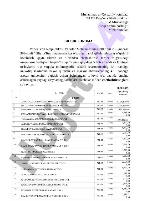 Oliy ta'lim muassasalariga talabalarni chetlashtirish