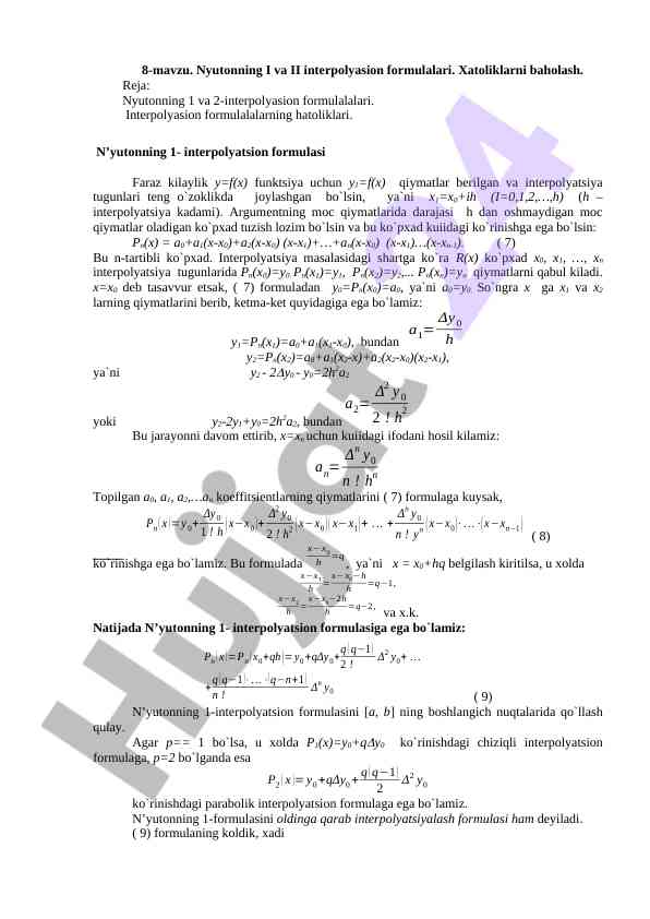 Nyutonning interpolyasion formulalari va xatoliklar